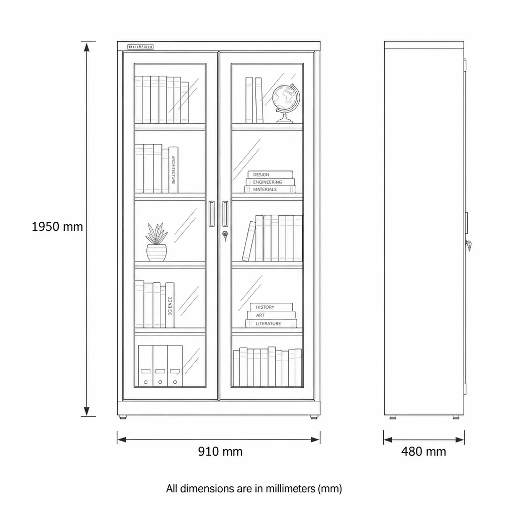 Glass Door Library Almirah dimensions diagram